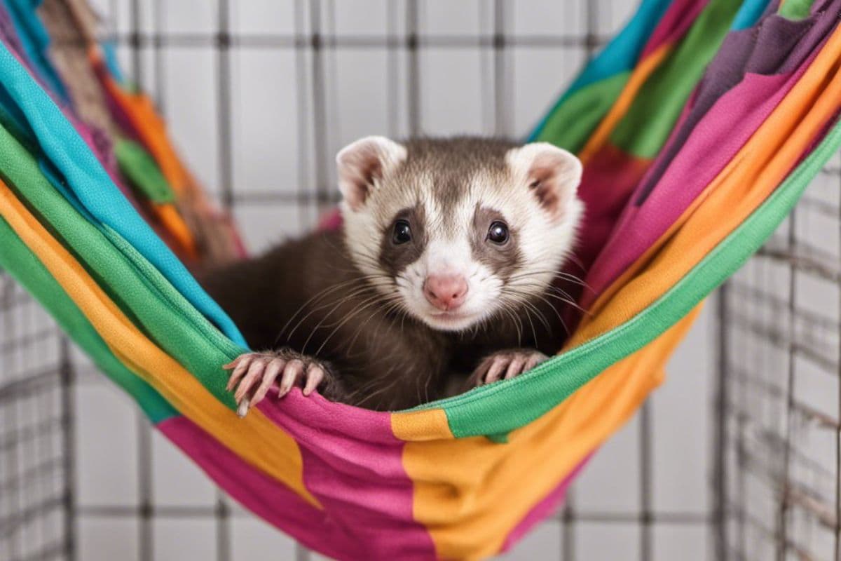 Ferret On a Hammock Inside Cage